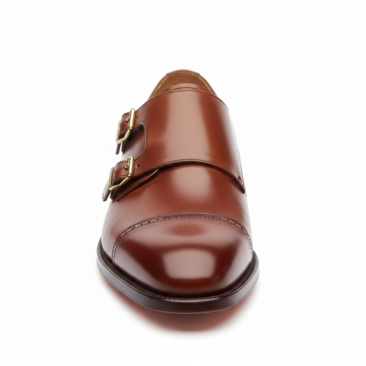 Italian Leather Double Monk Strap Shoes Cognac - Front View